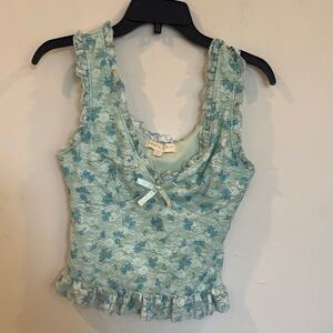 Elegant Floral Lace Ruffle Blouse - Light Blue